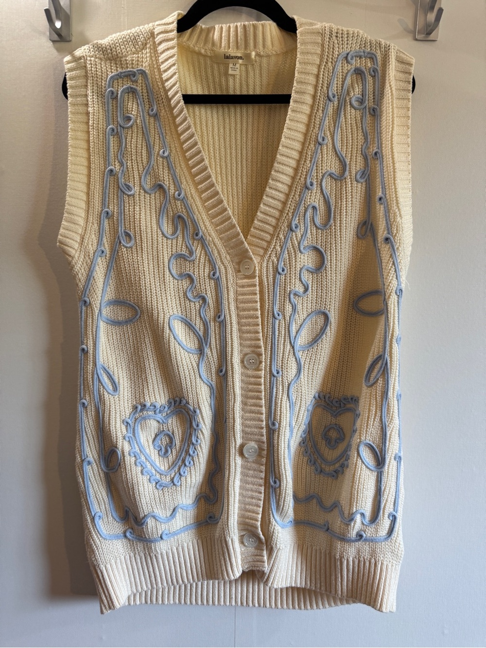 Lalavon Cream Sweater Vest Size M Blue Embroidered Knit Button Front Cottagecore